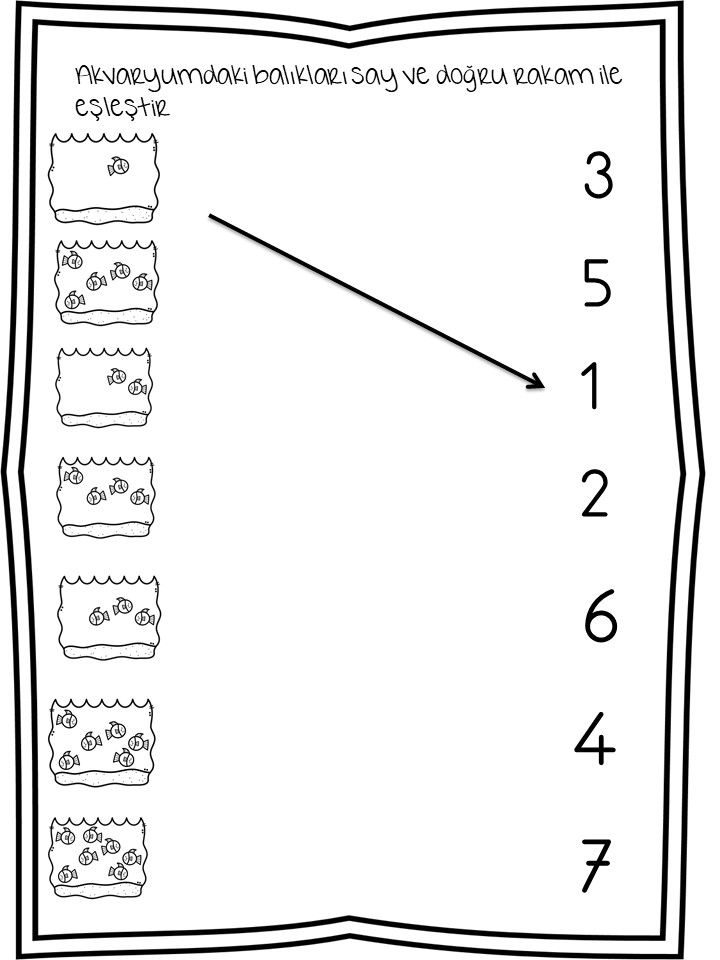 Akvaryum Balık Sayma ve Sayılarla Eşleştirme Etkinliği (1, 2, 3, 4, 5, 6, 7)