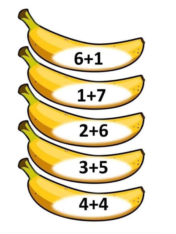 Banana Themed Math Problems: 6+1, 1+7, 2+6, 3+5, 4+4