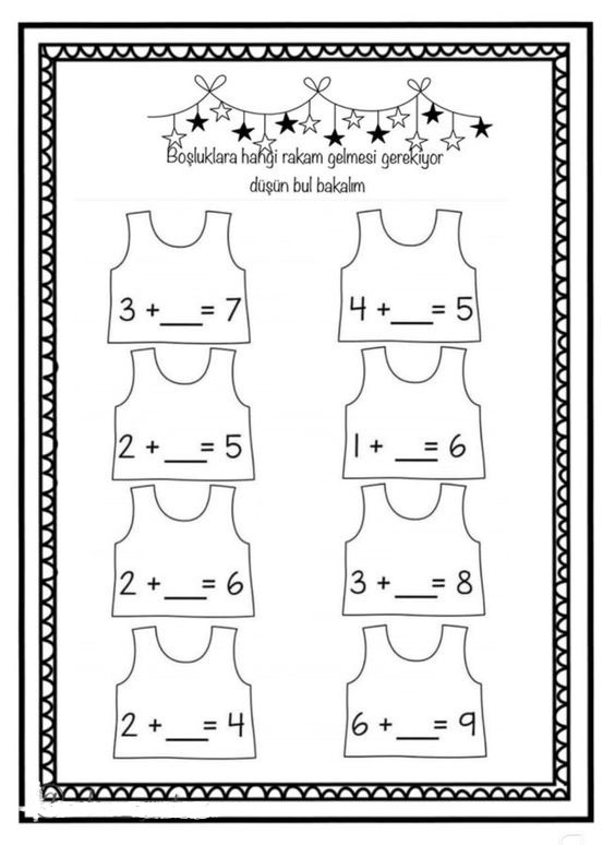 Eğlenceli Toplama Problemleri: Boşlukları Doldur, 3+_ = 7, 4+_ = 5, 2+_ = 5, 1+_ = 6, 2+_ = 6, 3+_ = 8, 2+_ = 4, 6+_ = 9