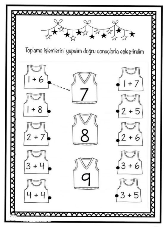 Toplama İşlemlerinin Eşleştirilmesi: 1+6=7, 1+7=8, 2+5=7, 1+8=9, 2+7=8, 3+4=7, 4+4=8, 3+6=9 ve 3+5=8