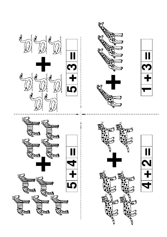 Hayvanların Toplamı: 5 Dinozor + 3 Zürafa, 1 + 3 Zürafa | 5 Zebra + 4 Leopar, 4 + 2 Leopar
