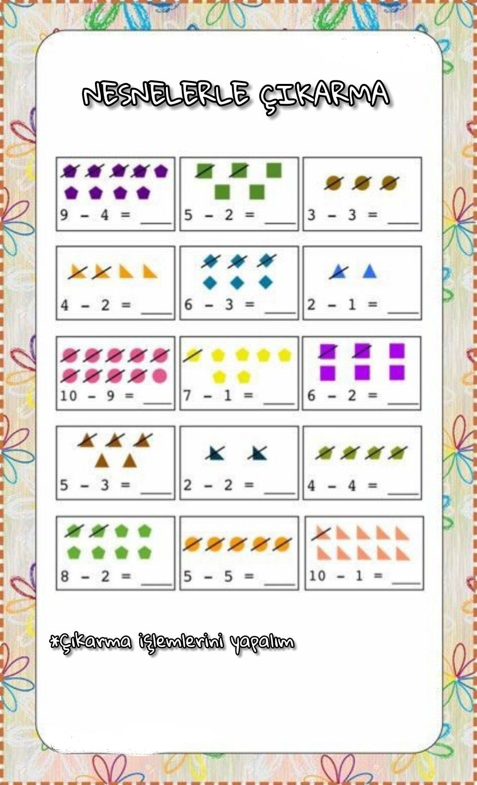 Nesnelerle Çıkarma: Matematiksel İşlemlerin Tanıtımı (9-4, 5-2, 3-3, 4-2, 6-3, 2-1, 10-9, 7-1, 6-2, 5-3, 2-2, 4-4, 8-2, 5-5, 10-1)