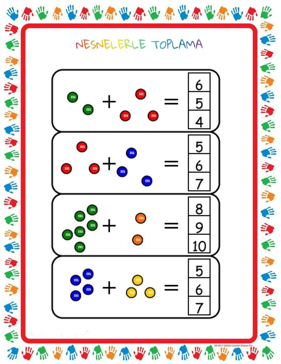 Nesnelerle Toplama: Renkli Şekerlerle Matematik Problemleri - 6 + 4 = 10, 5 + 2 = 7, 4 + 5 = 9, 3 + 2 = 5