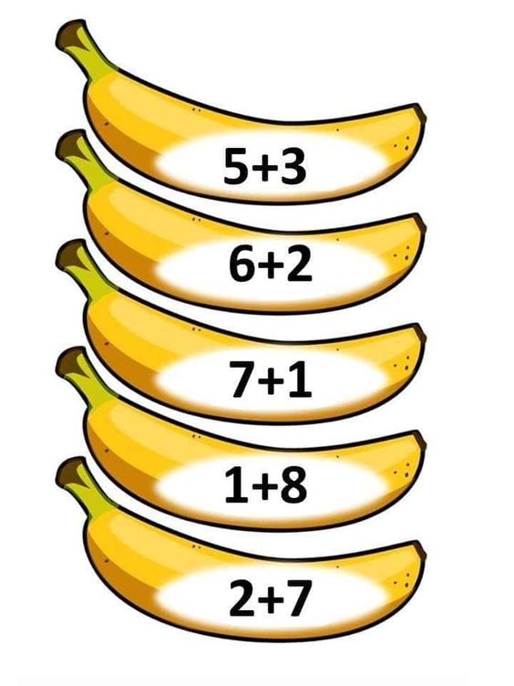 Toplama İşlemleri İçin Muzlar: 1+8, 2+7, 5+3, 6+2, 7+1