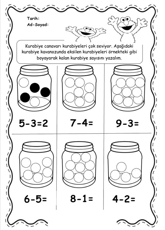 Kurabiye Canavarıyla Matematik: Rakamları ve İşlemleri Öğrenme Etkinliği (5-3=2, 7-4=, 9-3=, 6-5=, 8-1=, 4-2=)