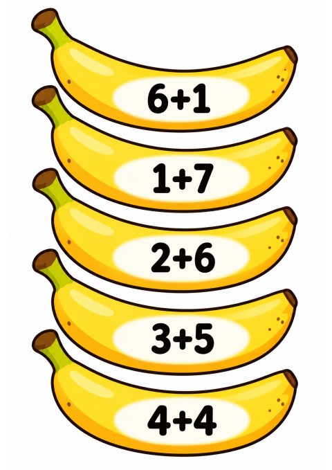 Banana Themed Math Problems: 6+1, 1+7, 2+6, 3+5, 4+4