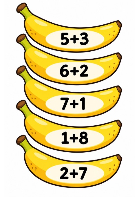Toplama İşlemleri İçin Muzlar: 1+8, 2+7, 5+3, 6+2, 7+1