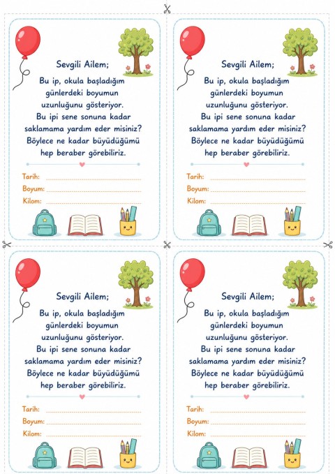 Sevgili Ailem: Okul Başlangıcı Gözlemleri - Boy Uzunluğu Ölçümü ve Değerlendirme Kartları