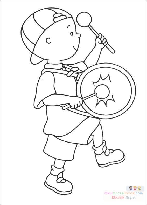 caillou-davul-caliyor-boyama-sayfasi