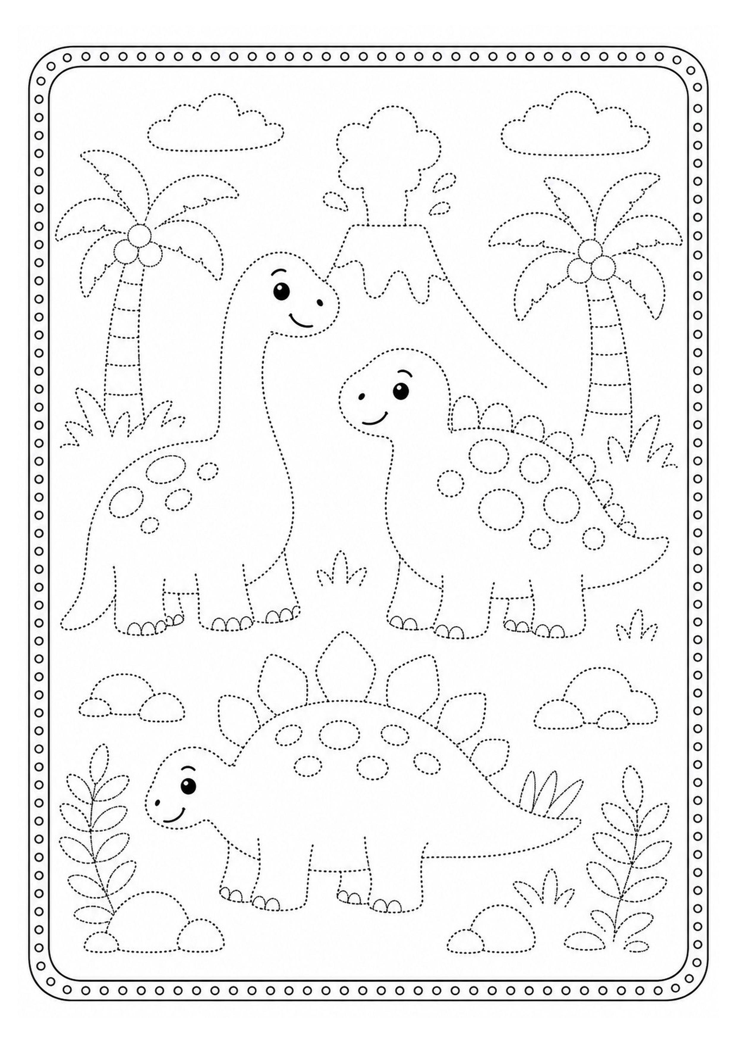 Dinosaurs Coloring Page with Trees and Foliage Activity for Kids