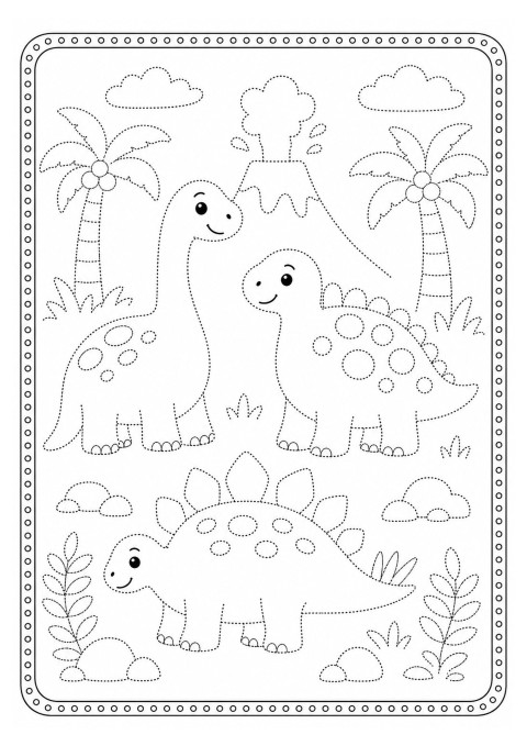 Dinosaurs Coloring Page with Trees and Foliage Activity for Kids