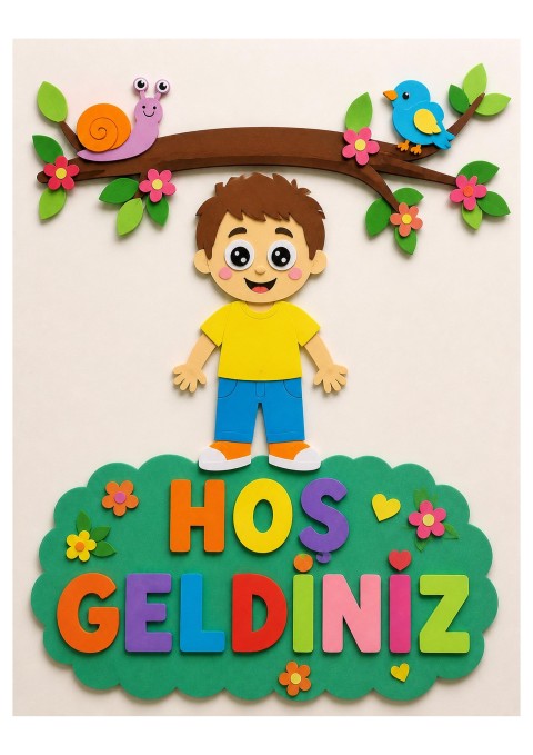 Eğlenceli Çocuk Temalı Kesim Kağıt Sanatı: HOSGELDİNİZ Yazılı Dekorasyon