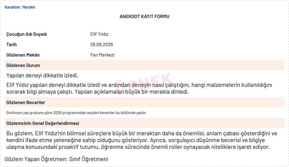 Anekdot Sihirbazı — Sınıfınıza Hazır Anekdot Formları — örnek sayfa 1