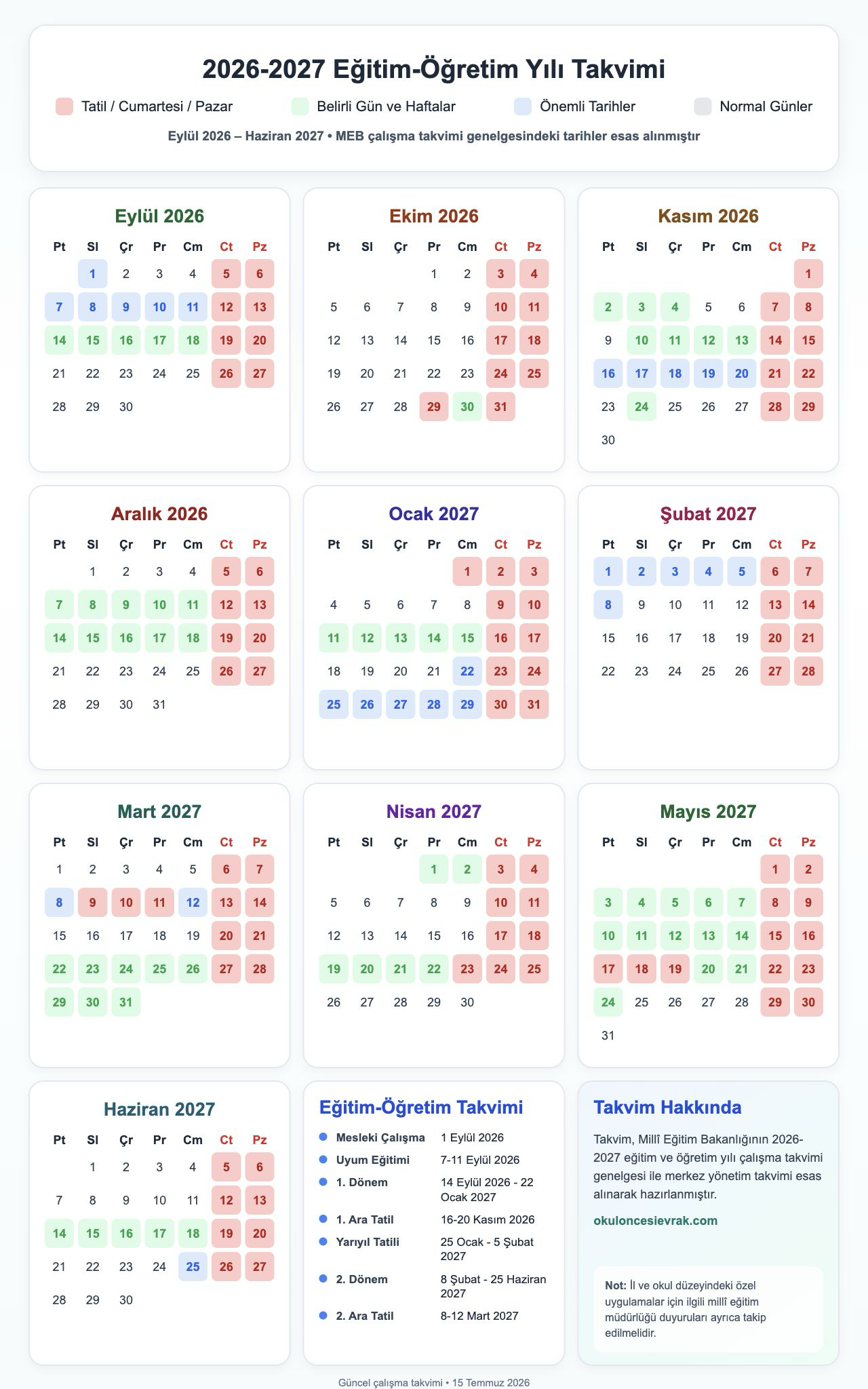 2026-2027 MEB Çalışma Takvimi - Okul Öncesi Eğitim Takvimi