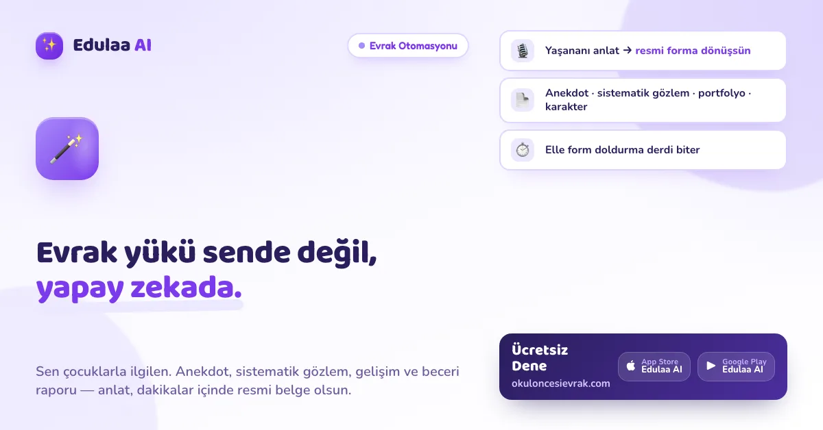 Edulaa AI evrak otomasyonu, gözlem ve rapor iş akışlarını anlatan tanıtım görseli