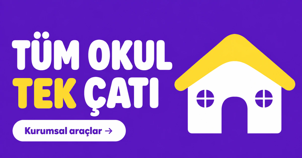 Mor zeminde okul yöneticisine "Tüm okul tek çatı" mesajı ve sarı çatılı okul çizimi