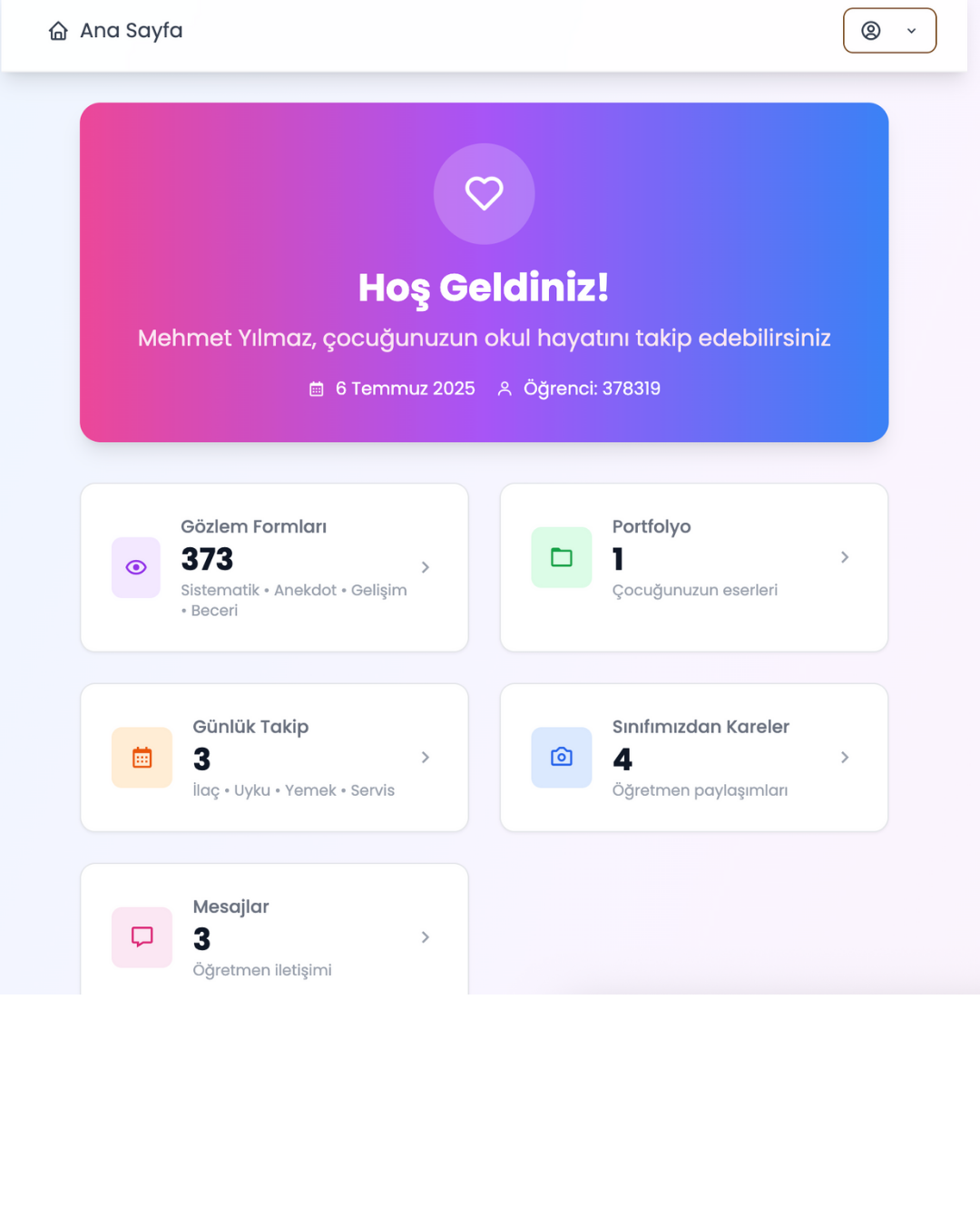 Veli dijital portfolyo ana panelinde gözlem, portfolyo, günlük takip ve mesaj modülleri