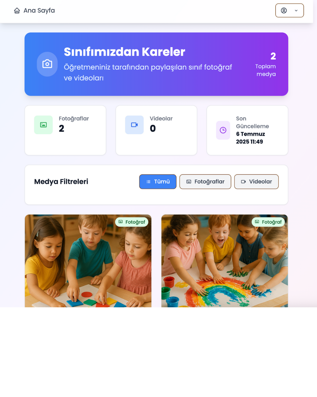 Veli ekranında öğretmenin paylaştığı sınıf fotoğraf ve video galerisi
