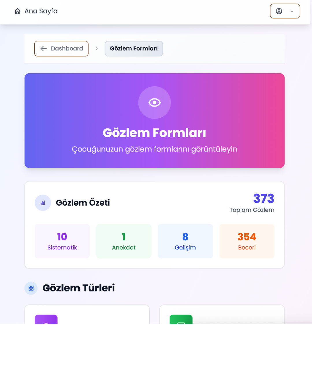 Veli ekranında öğrenci gözlem kayıtlarının türlere göre özeti