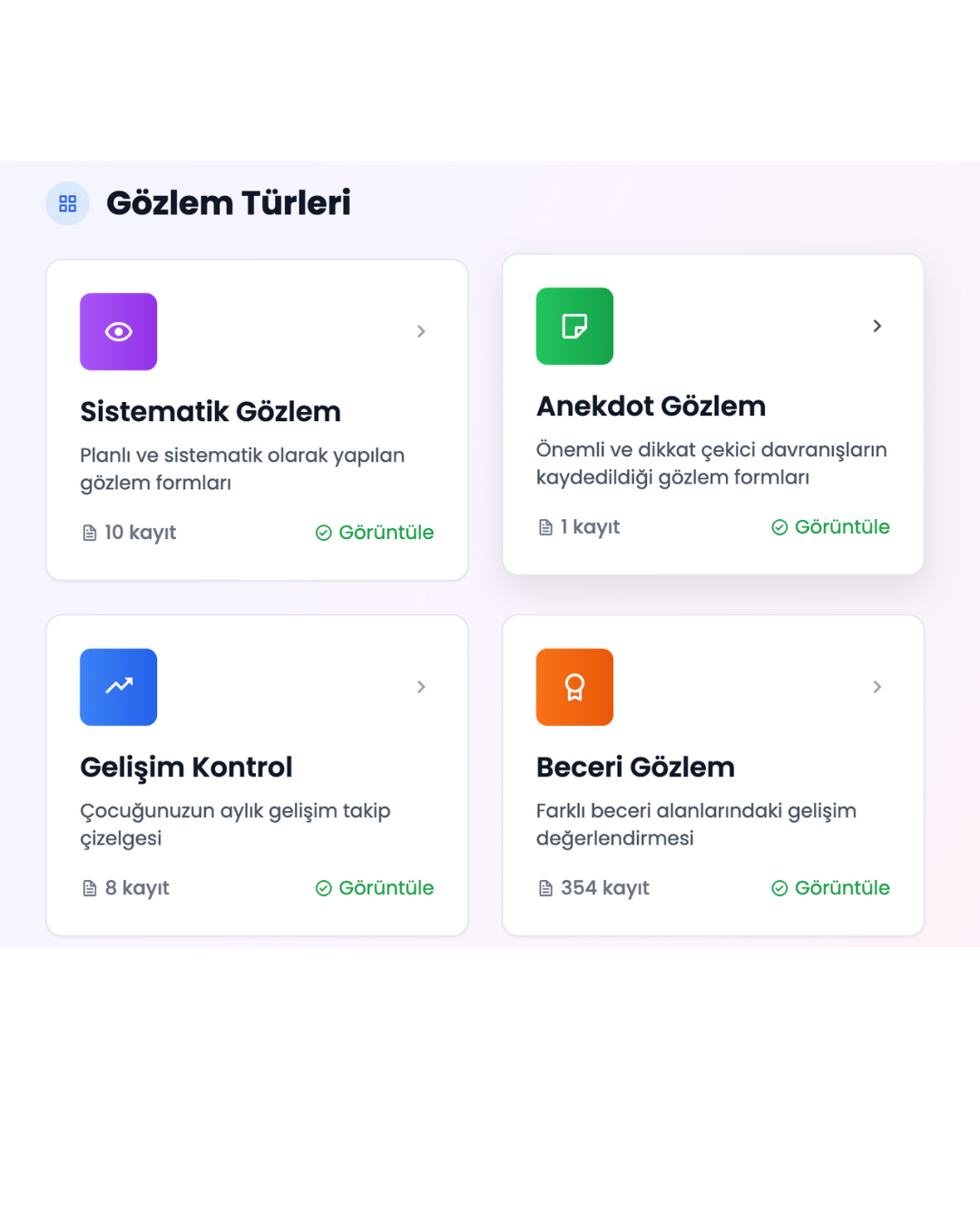 Anekdot, sistematik, gelişim ve beceri gözlemi seçenekleri