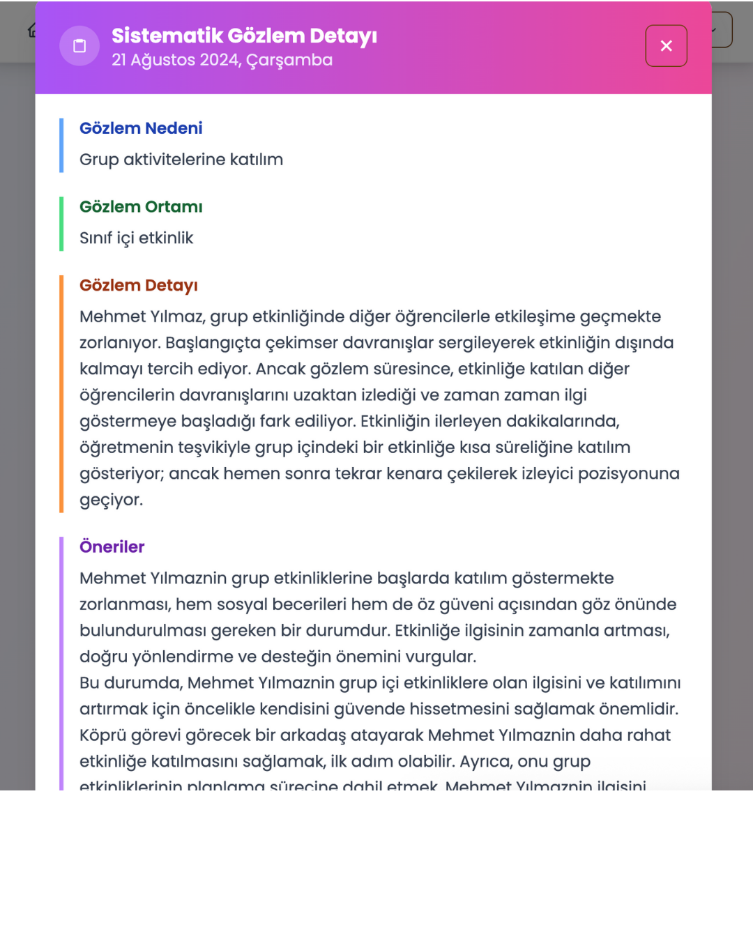 Veli ekranında tarih ve açıklama içeren sistematik gözlem ayrıntısı