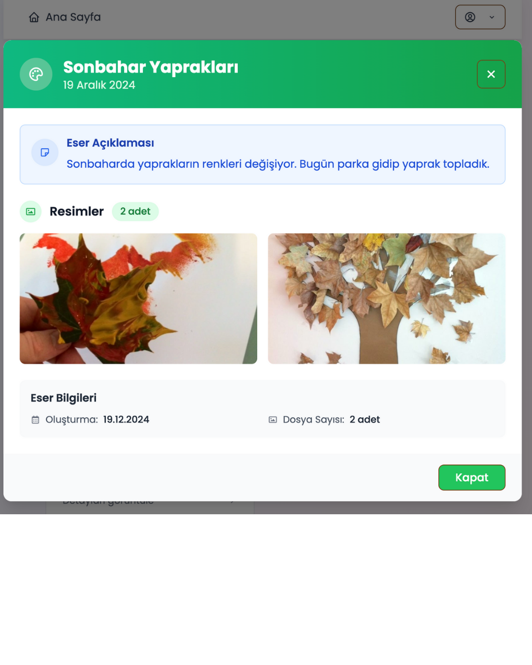 Sonbahar yaprakları adlı öğrenci portfolyo çalışması ve öğretmen açıklaması